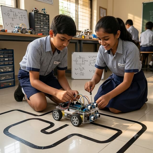 Two students building a line-following robot that traces a taped path on the floor