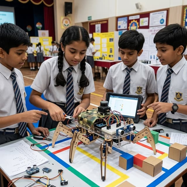 A group of students at a science exhibition working on a six-legged obstacle-avoidance robot