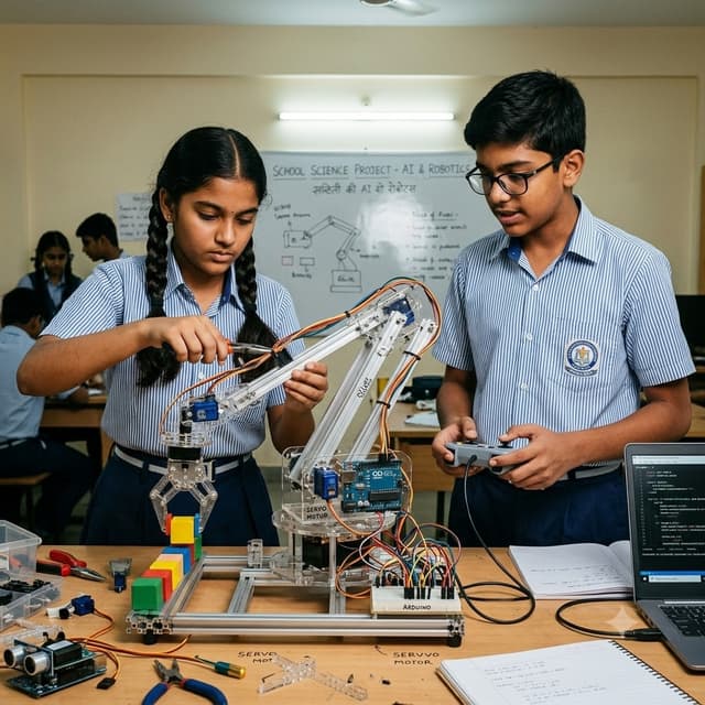 Two students assembling and programming a robotic arm to pick up colored blocks