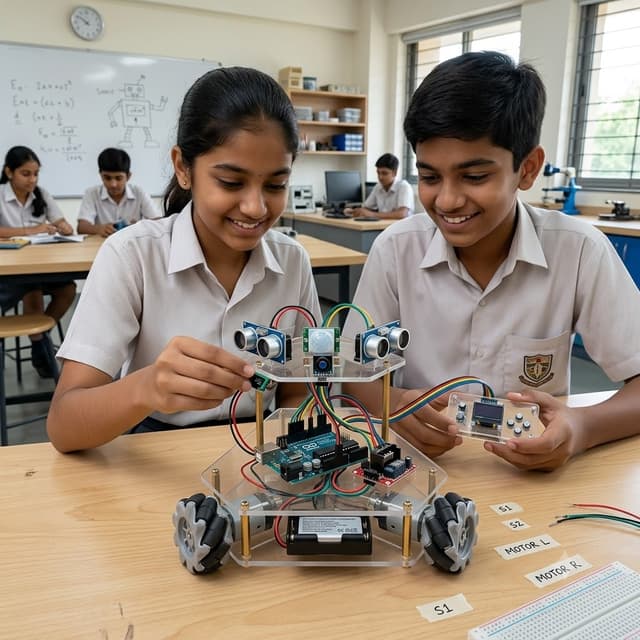 Two students wiring ultrasonic and motion sensors onto a robot chassis